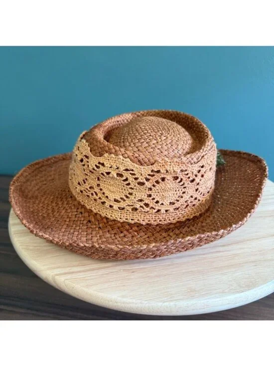 Vintage 1990s Womens Woven Straw Hat W/ Crochet Band & Faux Sunflower 22.5" or L - Picture 3 of 10